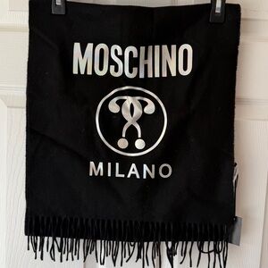 Moschino Black Iridescent Logo Fringe Wool Scarf